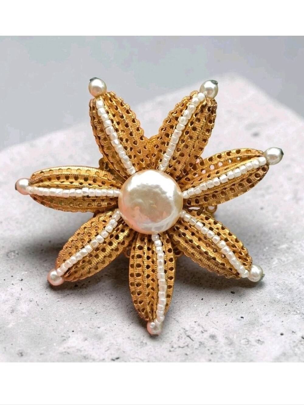 Vintage Signed Miriam Haskell Russian Gold Faux Pearl Flower Starburst Brooch